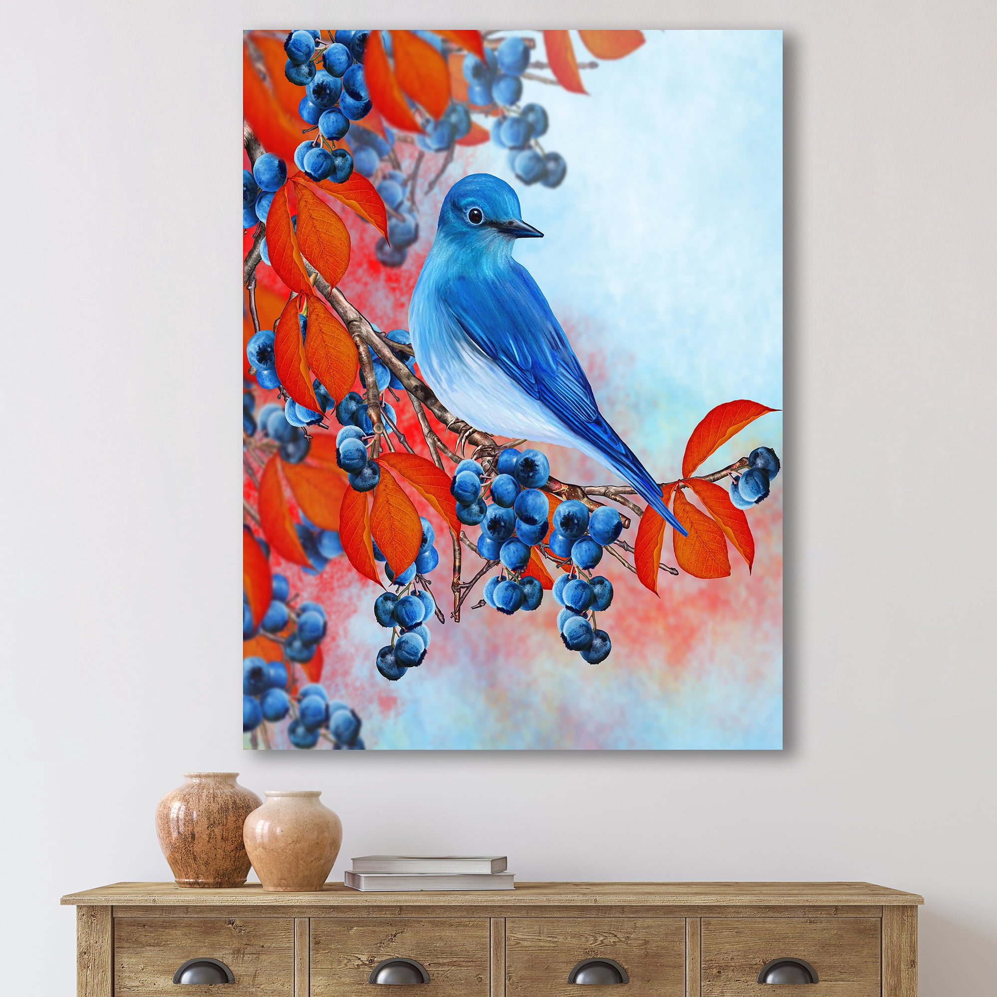 Bright Bird Bullfinch Sitting On A Branch of Berries III 12 in x 8 in Painting Canvas Art Print, by Designart