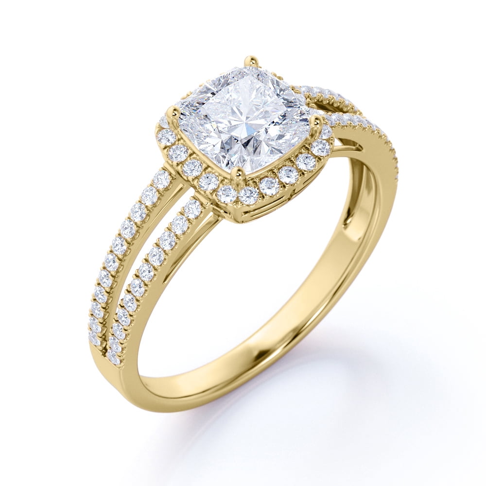 JeenMata 1.25 Carat Cushion Cut Moissanite - Halo - Split Shank Engagement Ring - 18K Yellow Gold Plating Over Silver