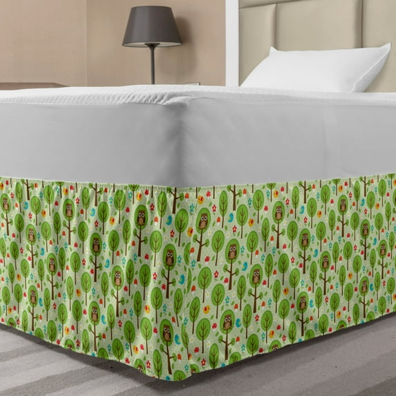 Owl Print Bed Skirt, Forest Scene with Birds Trees Flowers and Leaves Spring Vibes, Elastic Bedskirt Dust Ruffle Wrap Around for Bedding Decor, 4 Sizes, Pastel Green Multicolor, by Ambesonne