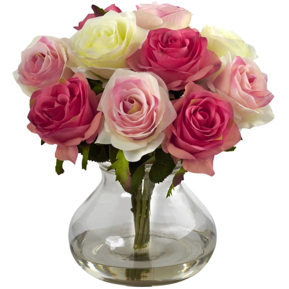 Nearly Natural Rose Arrangement Artificial Flowers with Vase, Pink