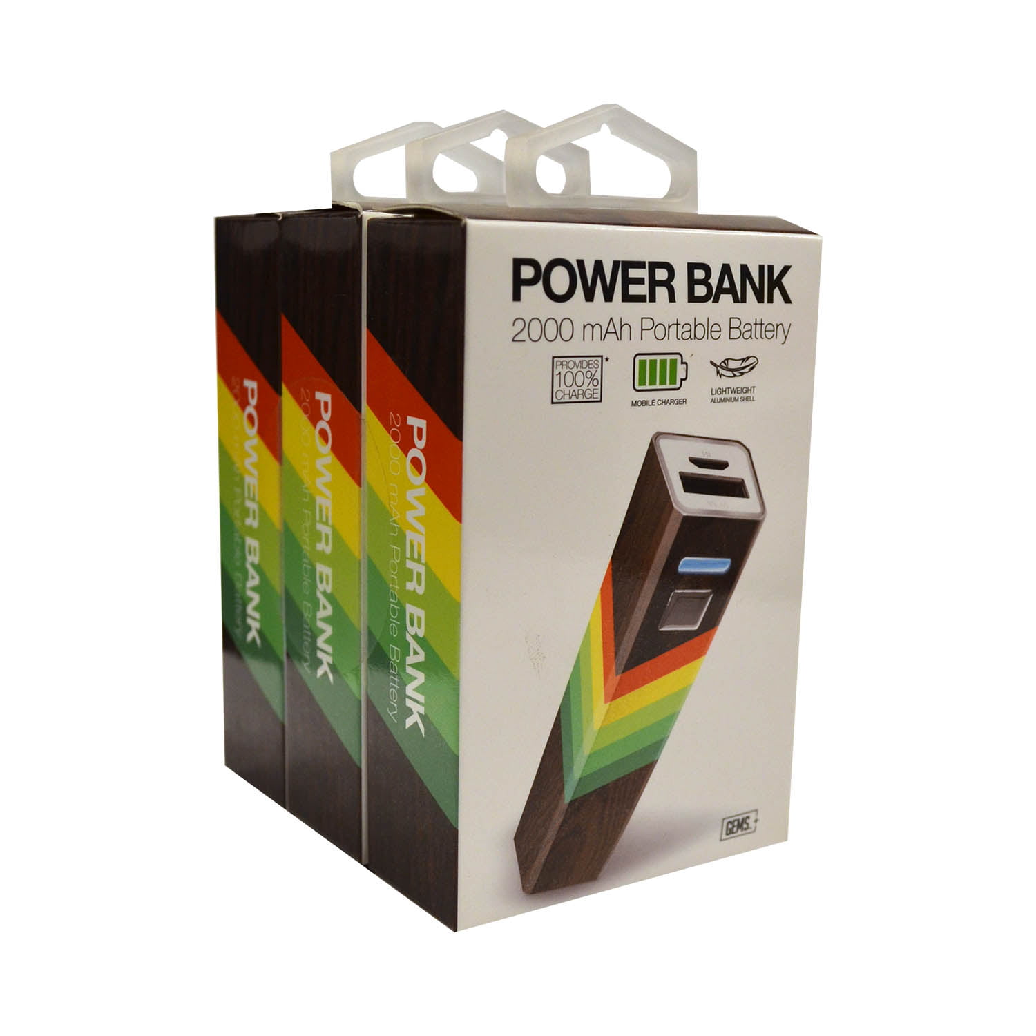 GEMS Power Bank 2000 mAH Portable Battery - 3 Pack, Multicolor Design