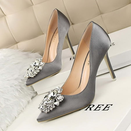 

Juebong Boots Deals Women Pumps Elegant Rhinestone High Heels Shoes Sexy Thin Pointed Toe Western Shoes