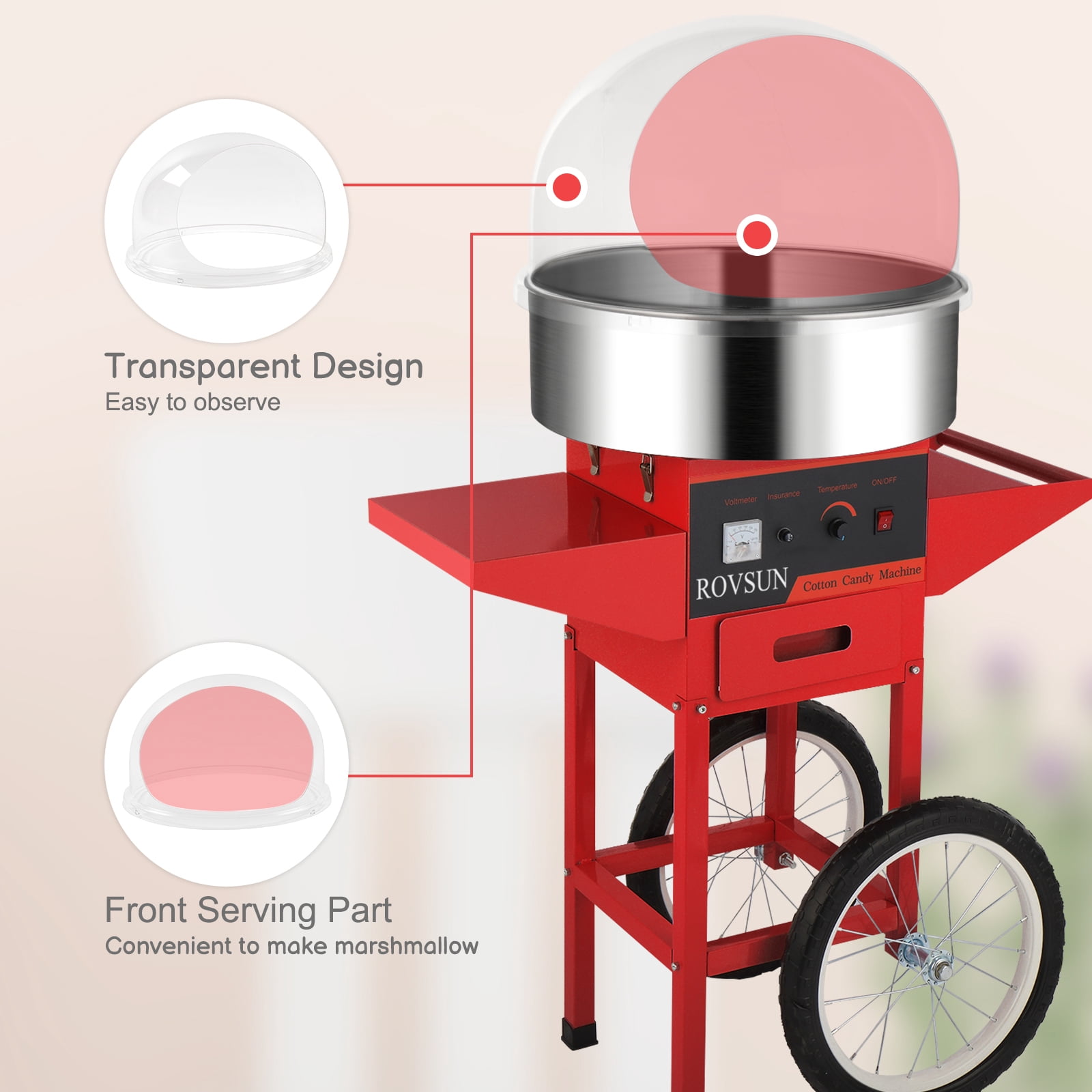 ROVSUN Cotton Candy Machine with Cart Stainless Steel, 21 Inch Electric Cotton Candy Maker Candy Floss Maker w/Cover Sugar Scoop and Large Storage Drawer for Commercial Home Party Carnival, Red