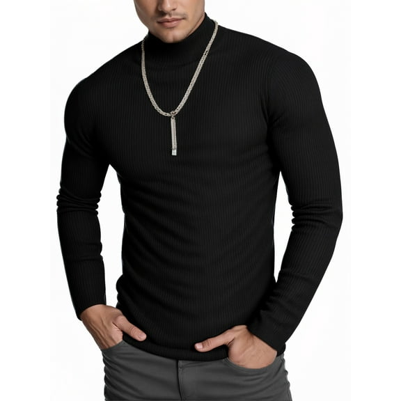 OALUXE Turtleneck Ribbed Long Sleeve Shirts for Mens Undershirts Knit Thermal Basic Tops