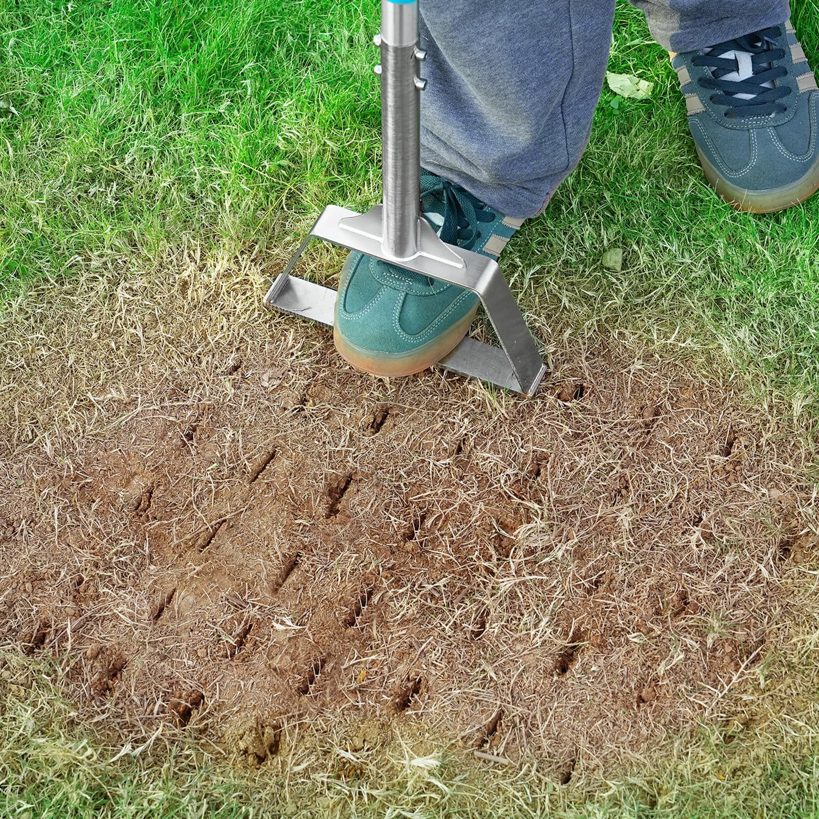 Manual Lawn Aerator Spike Tool  Semi-assembled Non-clogging With 4 Steel Spikes Handle & Reinforced Welding For Compacted Soil Loosening Yard Aeration - Green