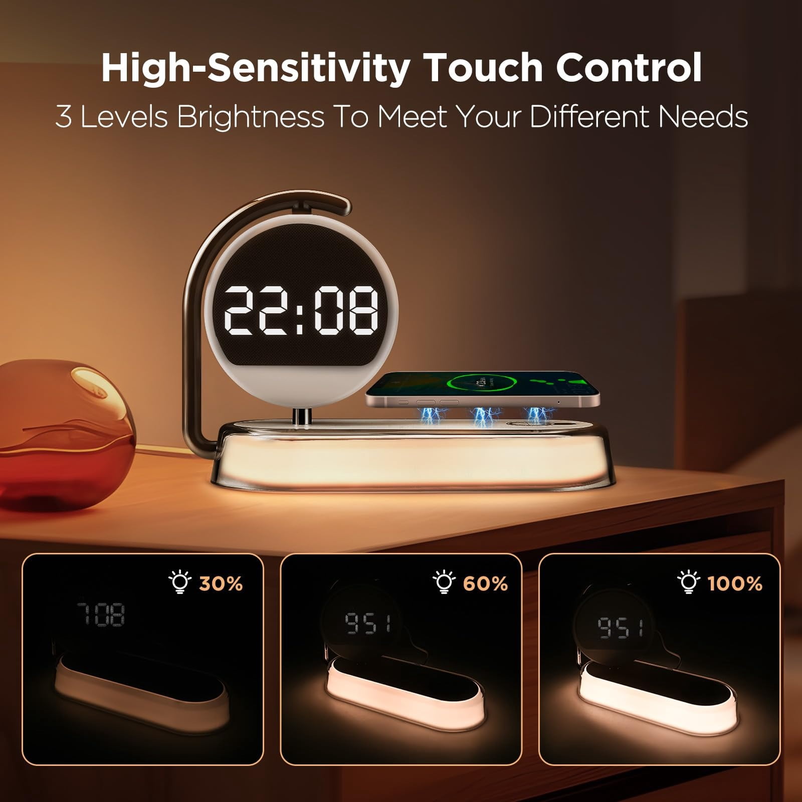 5-in-1 Smart Bedside Lamp – Wireless charger & digital clock, 15W fast charging for phones/headphones. Features 3-level night light, multi-protection alarm clock (White)