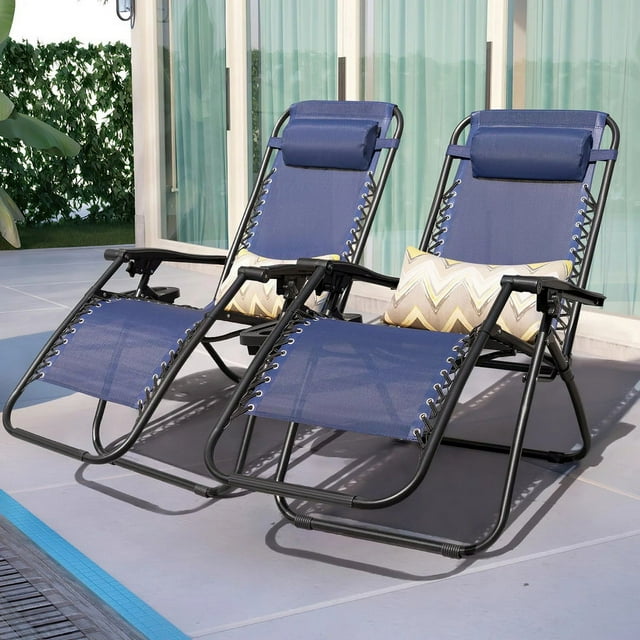 Homall Chaise Zéro Gravité Pliable pour Patio avec Porte-Gobelet, Fauteuil Inclinable d'Extérieur Réglable en Tissu Textilène, Chaise Longue Portable, Lot de 2, Bleu