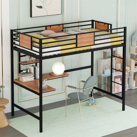 Metal Loft Bed with L-shaped Desk and and Shelf  Twin Size Metal Loft Bed Frame with Full-Length Guardrail and Ladder  Multifunctional Loft Bed for Boys Girls  Space-Saver  No Spring Box Needed  Black