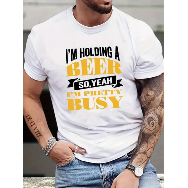 For Men Casual Short Sleeve Top HOLDING A BEER Print T-shirt, Summer Daily Wear