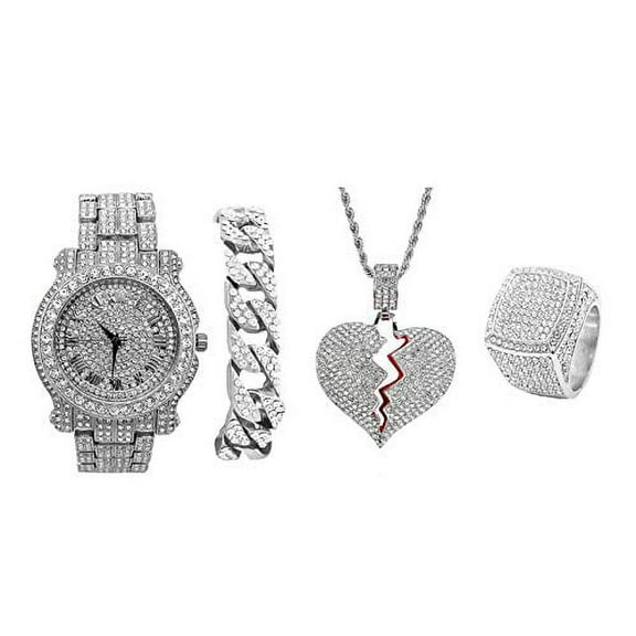 Charles Raymond Broken Heart Hip Hop Pendant - Luxury Wristwatch Covered with Crystal Clear Rhinestones - Iced Out Cuban Bracelet & Blinged Out  Ring Gift Set - (8, SLV L0504 Broken Heart 4pc Set)