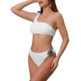 thumbnail image 4 of Women's 3D Rose Floral One Shoulder Ribbed Bikini Sets, 2 Piece Asymmetric Swimwear Bathing Suits Large White, 4 of 5