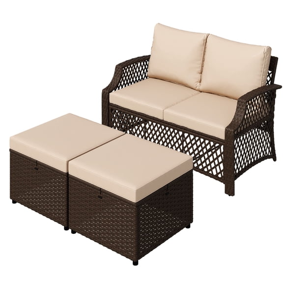 Homrest 3 Piece Patio Sofa,Outdoor Loveseat Couch w/ Ottoman & Cushions, All-Weather PE Wicker Patio Furniture, Outdoor Seating for Porch, Poolside, Garden, Deck(Khaki)