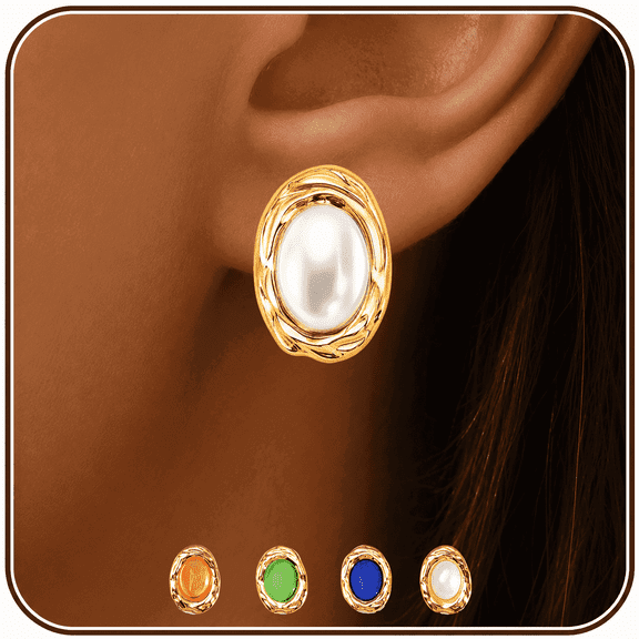 Eclipton® Pearl Statement 14K Gold Plated Stud Earrings for Women Trendy, Dainty Oval Pearl Earrings Unique for Party Daily Office Wear