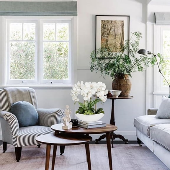 Orchid Artificial Flowers 18in White Fake Orchid Silk Flowers with Ceramic Pot Faux Orchid Arrangement for Home Office Room Coffee Table Centerpiece Modern Decoration