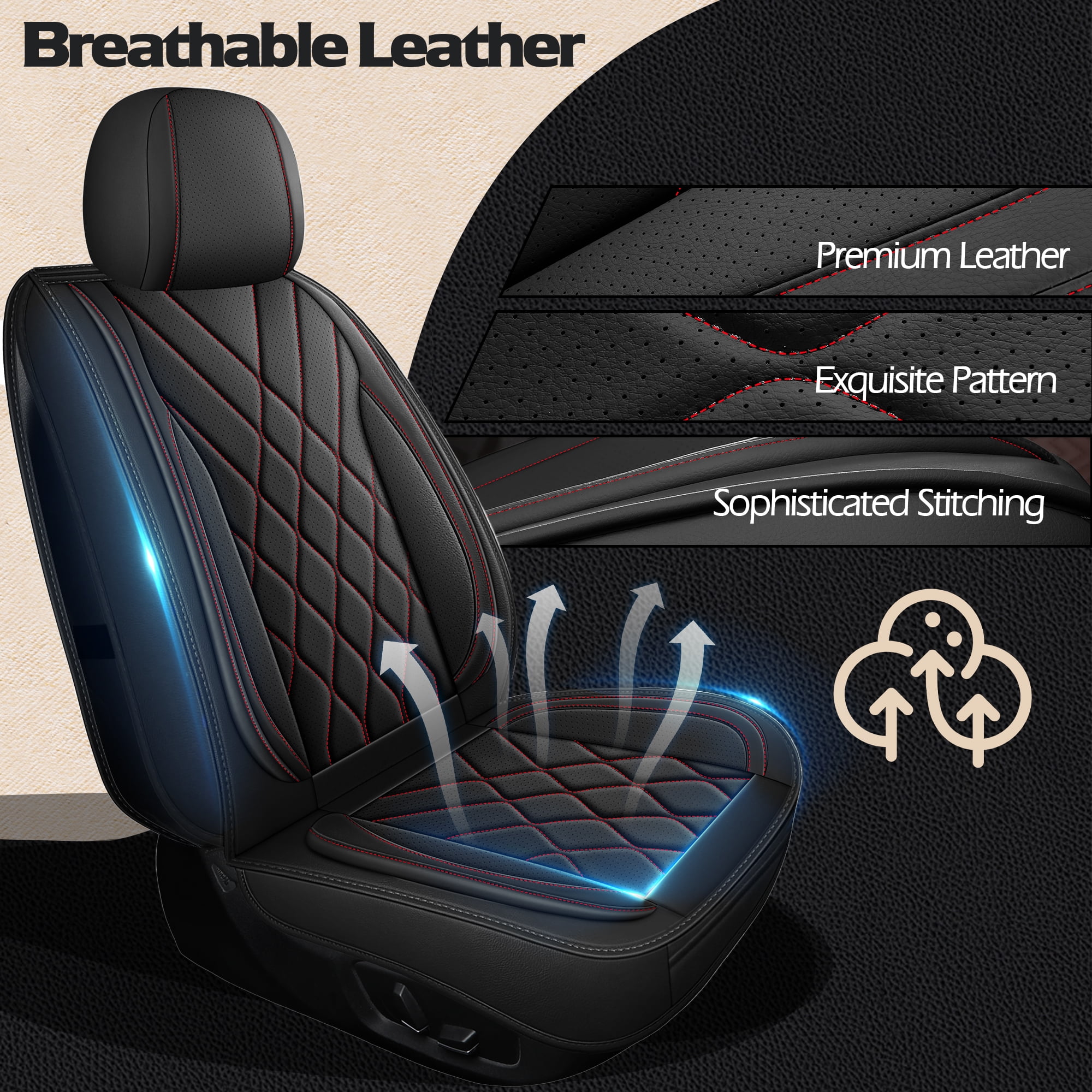 LINGVIDO Premium Leather 2 Seats Car Seat Cover For SUV Sedan Universal Fit Seat Cushion Durable Breathable Black Red Seat Covers for Car