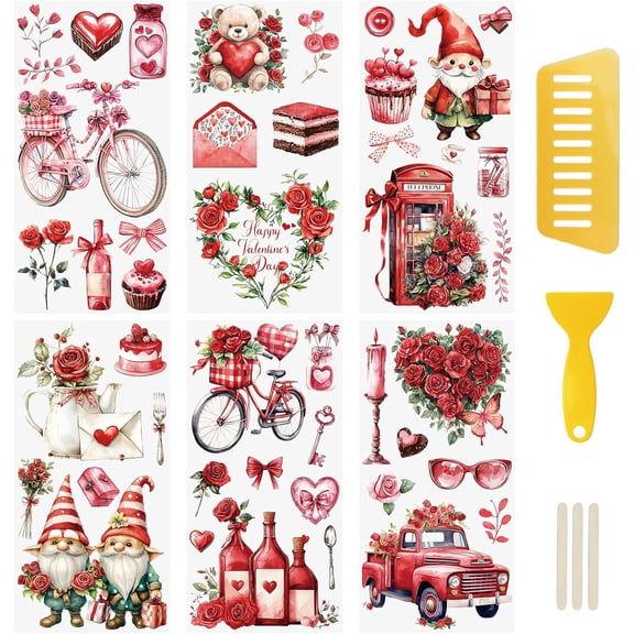 6PCS Rub On Transfer Stickers, Happy Valentine's Day Theme Transfer Decals Show Love Stickers for Furniture Scrapbooking Window, 15 * 30cm