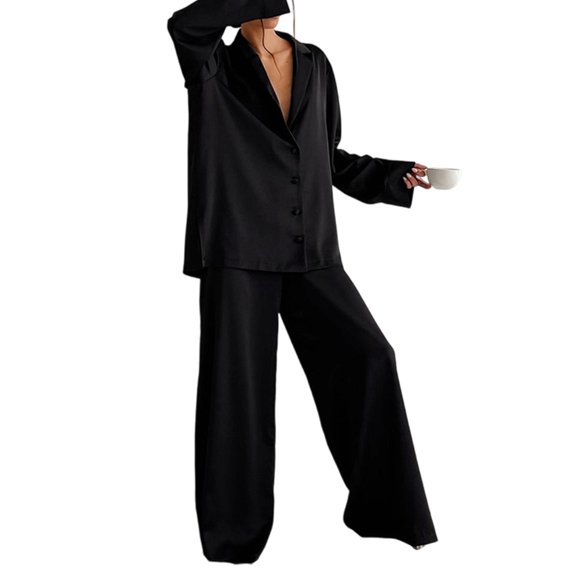 Women's Notched Collar Long Sleeve Top & Wide Leg Pants Loungewear Set Black S