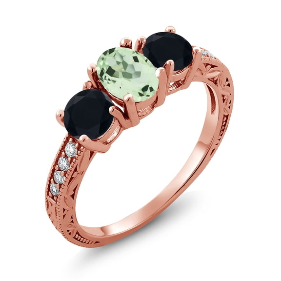 Gem Stone King 1.82 Ct Oval Green Prasiolite Black Onyx 18K Rose Gold Plated Silver Moissanite Ring (Size 5)