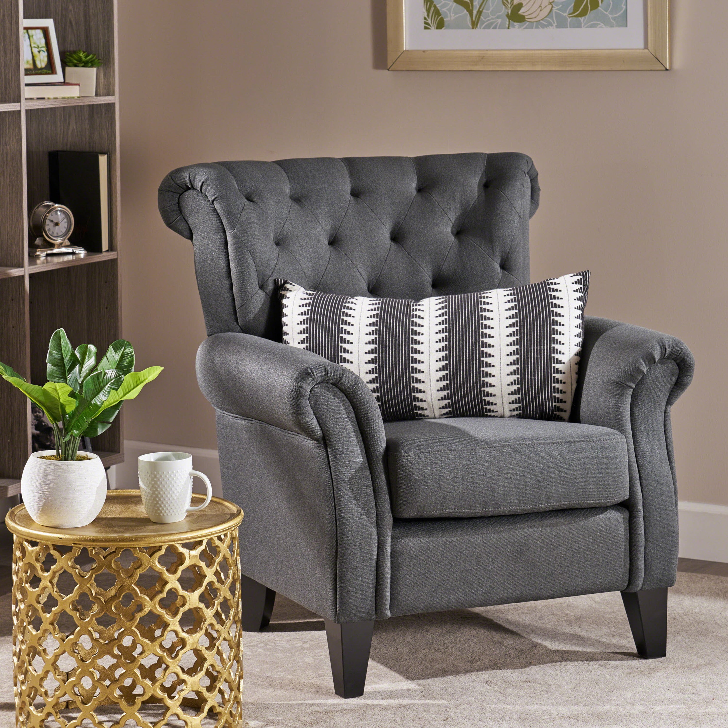 EUROCO Accent Chair, Fabric Single Seat Arm Chair with Rolled Arms, Tufted Backrest and Wooden Legs, Modern Side Chairs for Living Room, Bedroom, Office, Cafe, Dark Gray