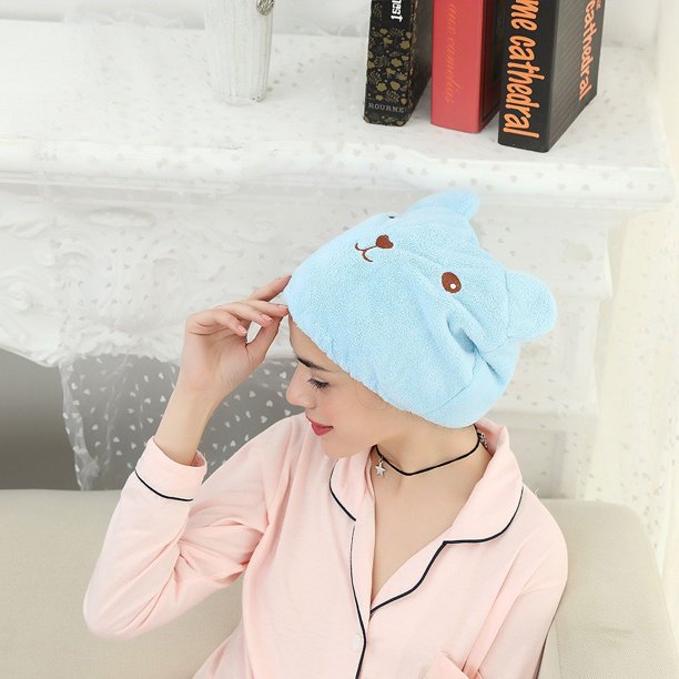Azul 3 uds lindo oso de dibujos animados gorro de secado de cabello de microfibra Coral polar absorbente secado de cabello toalla baño ducha envoltura para cabeza para mujeres E