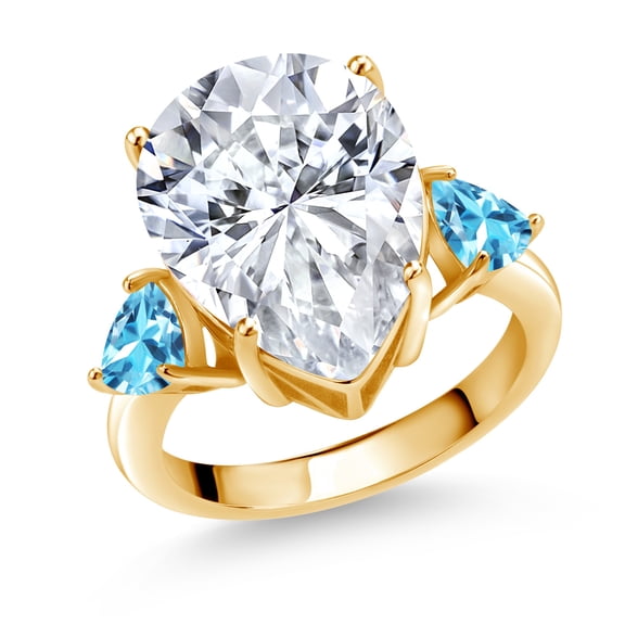 Gem Stone King 18K Yellow Gold Plated Silver Swiss Blue Topaz Ring Set with Moissanite (10.33 Cttw) (Size 5)