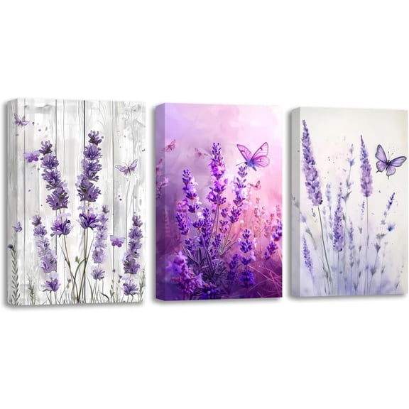 FCCUYE Lavender Wall Art 3 Pieces Purple Floral with Butterfly Canvas Prints Country Flower Art Picture Rustic Farmhouse Kitchen Bathroom Decor Framed (Purple, 16.00" x 24.00" x 3PCS)