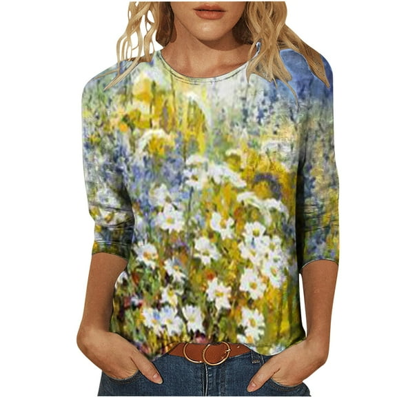 Women's Tunic Tops Fashion Printed Crew Neck Long Sleeve Loose Fit Blouses Lightweight Casual Pullover Sweatshirts
