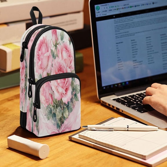 Backpack Pencil Case, 3 Compartment Large Capacity Oxford Fabric Pencil Pouch / Gentle Watercolor Rose Gift