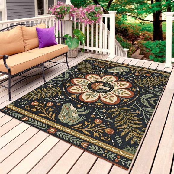 Boho Green Flowers Outdoor Rug for Patio/Deck/Porch, Non-Slip Large Area Rug 3 x 5 Ft, Modern Bohemia Botanical Mushroom Indoor Outdoor Rugs Washable Area Rugs, Reversible Camping Rug Carpet Runner