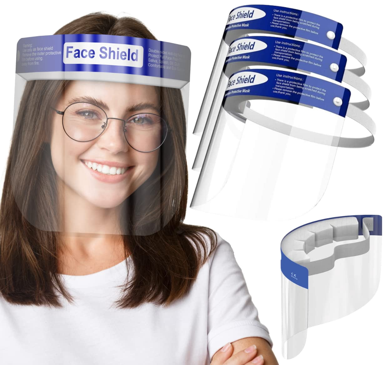 Medical Nation 100 Pack Face Shields | Clear Plastic Face Shield for Women, Men & Kids, Anti-Fog, Lightweight Reusable Full Face Shield Mask, Safety Visor Cover with Comfortable Sponge & Elastic Band