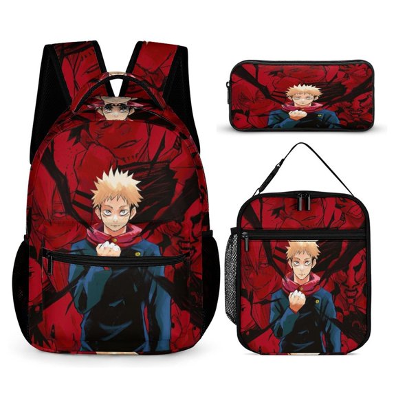 Jujutsu Backpack Kaisen JJK 17 Inch 3 Piece Set with Insulated Lunch Bag and Pencil Case, Bookbag Laptop Backpack Cartoon Durable Lightweight Casual Backpack