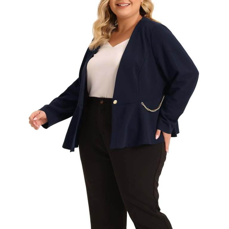 Unique Bargains Women s Plus Size Work Fashion Button Chain Jacket Blazers 4X Navy Blue Walmart