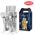 thumbnail image 1 of Hongchun Ensemble de Couverts Argent - Ensemble de Couverts en Acier Inoxydable Poli - Ensemble de 24 Pcs - Plus Comprend Support de Couverts Doré - Qualité Lavable au Lave-Vaisselle, 1 of 5