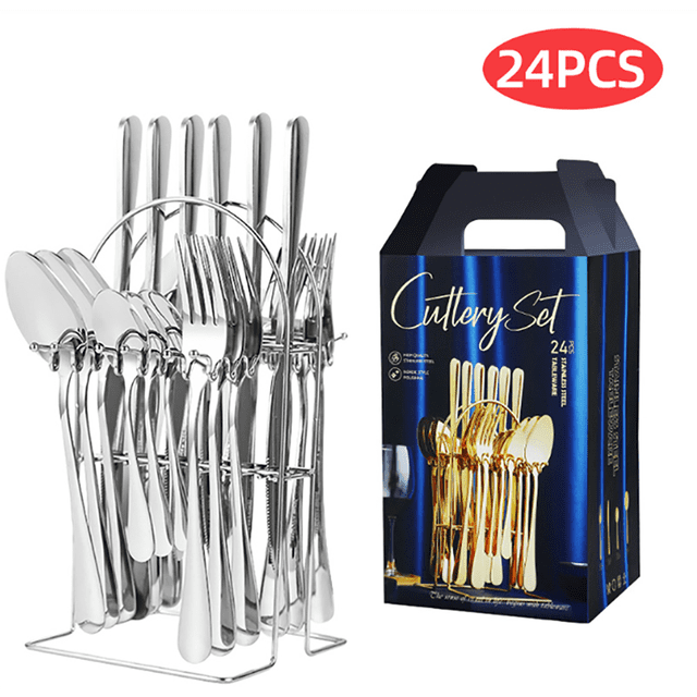 Hongchun Ensemble de Couverts Argent - Ensemble de Couverts en Acier Inoxydable Poli - Ensemble de 24 Pcs - Plus Comprend Support de Couverts Doré - Qualité Lavable au Lave-Vaisselle