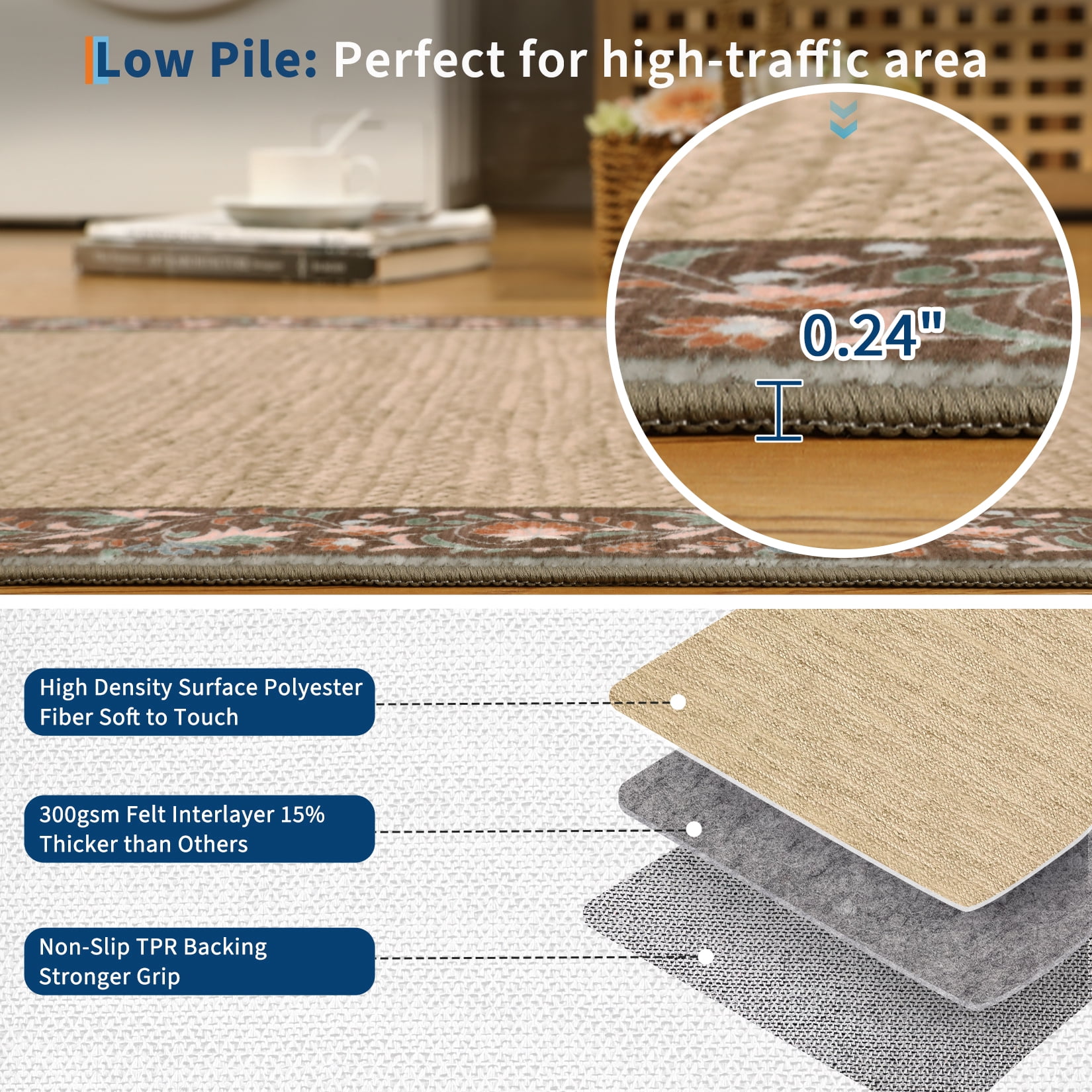 Hasoo 6' x 9' Area Rug for Living Room Washable Modern Simulated Woven Texture Floral Bordered Non Shedding Neutral Indoor Decor Carpet, Brown