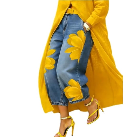 Textilo Womens Floral Print Jeans Wide Leg High Waisted Denim Pant with Pockets Cropped Pants Trendy Loose Casual Baggy Clothes,Yellow XL