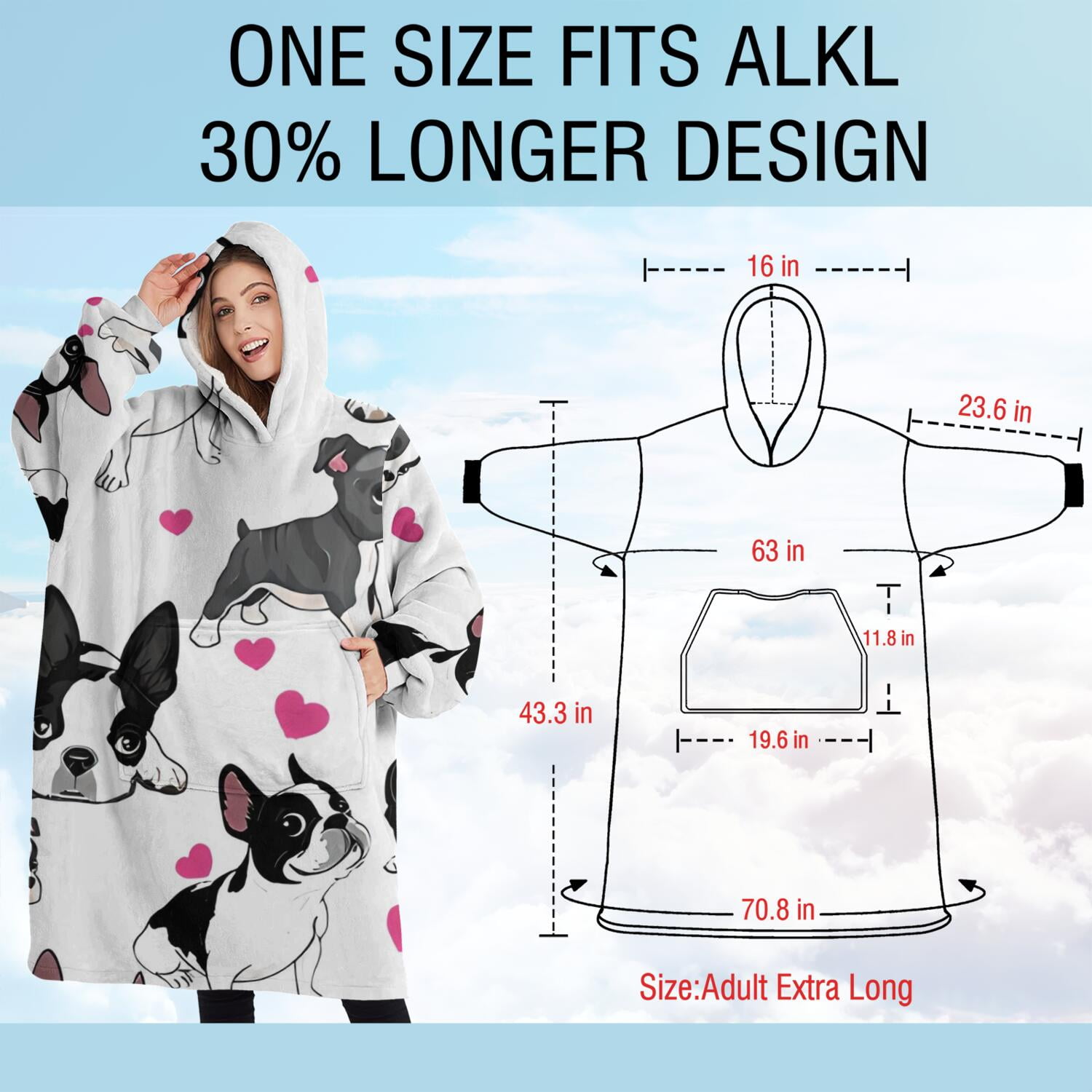 Oversized Wearable Blanket Hoodie,Pug and Love Heart Sherpa Blanket Hoodie with Super Pockets,Super Warm Fuzzy Pullover for Women & Men