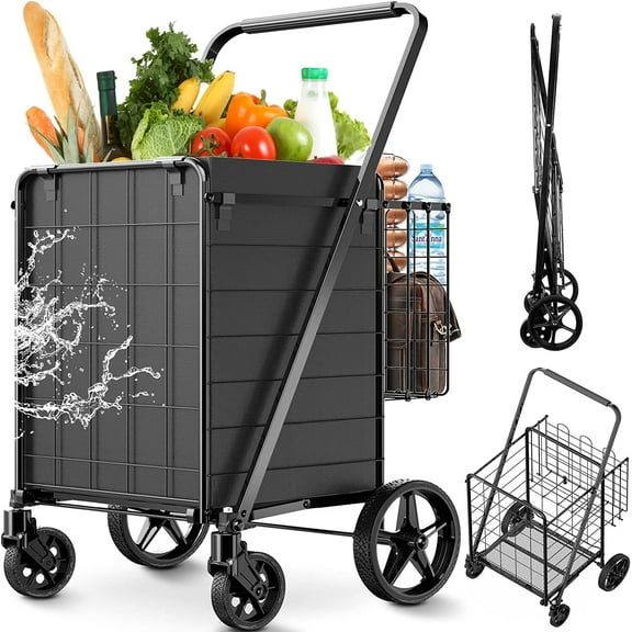 2-Tier Extra Large Collapsible Grocery Cart On Wheels, 400lbs Shopping Cart For Groceries With 2 Removable Baskets, Waterproof Liner, Heavy Duty Foldable Shopping Utility Cart For Seniors