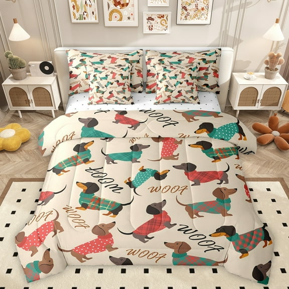 Homewish Kawaii Dachshund 7-Piece Twin Bedding Sets,Pet Dogs Bedding Comforter Set,Brown Green Red Sheet Sets For Girls Boys,Super Cozy Room Decor