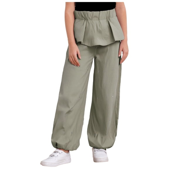 TSSOE Girls' Leggings Bowknot Wide-Leg Pants Outdoor Trousers Loose Bottoms School Uniforms 5-14 Years Khaki 7-8