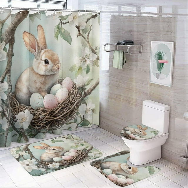 Faty-T Rideau de Douche Œufs de Lapin de Pâques Aquarelle Ensemble de Rideau de Douche 4 Pcs avec Rideau de Douche et Tapis 4 Pcs Œufs Colorés Durables et Imperméables pour Décoration de Salle de Bain