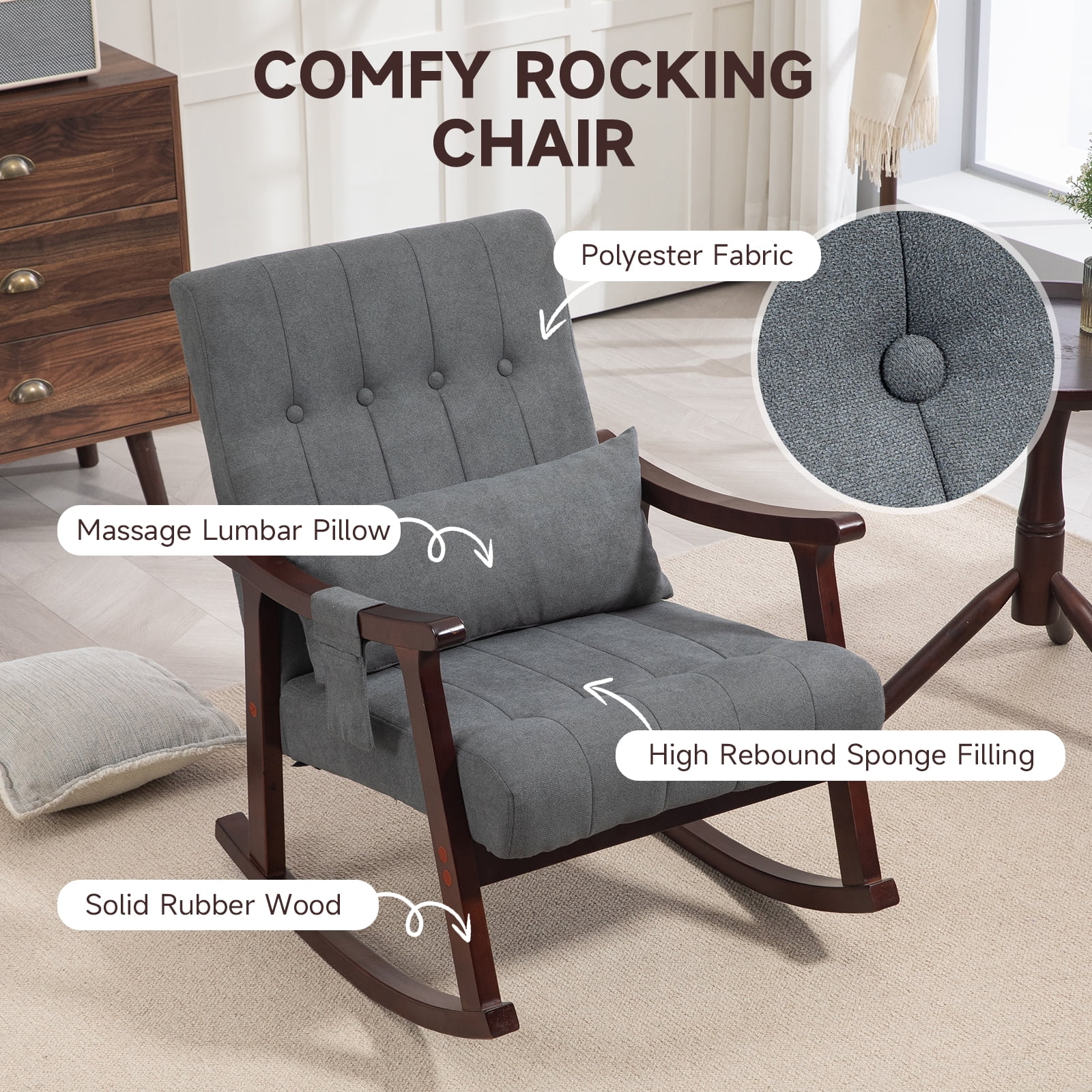 AVAWING Upholstered Rocking Chair with Massage Lumbar Support, Comfy Rocker Glider Chair for Nursery, Modern High Back Armchair for Living Room, Indoor Chair, Polyester, Dark Gray