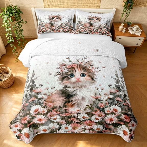 Manfei Cute Cat Twin Quilt Set, Cartoon Kitten Animal Twin Coverlet Set, Pink White, 2-Piece, 1 Bedspread and 1 Pillowcase