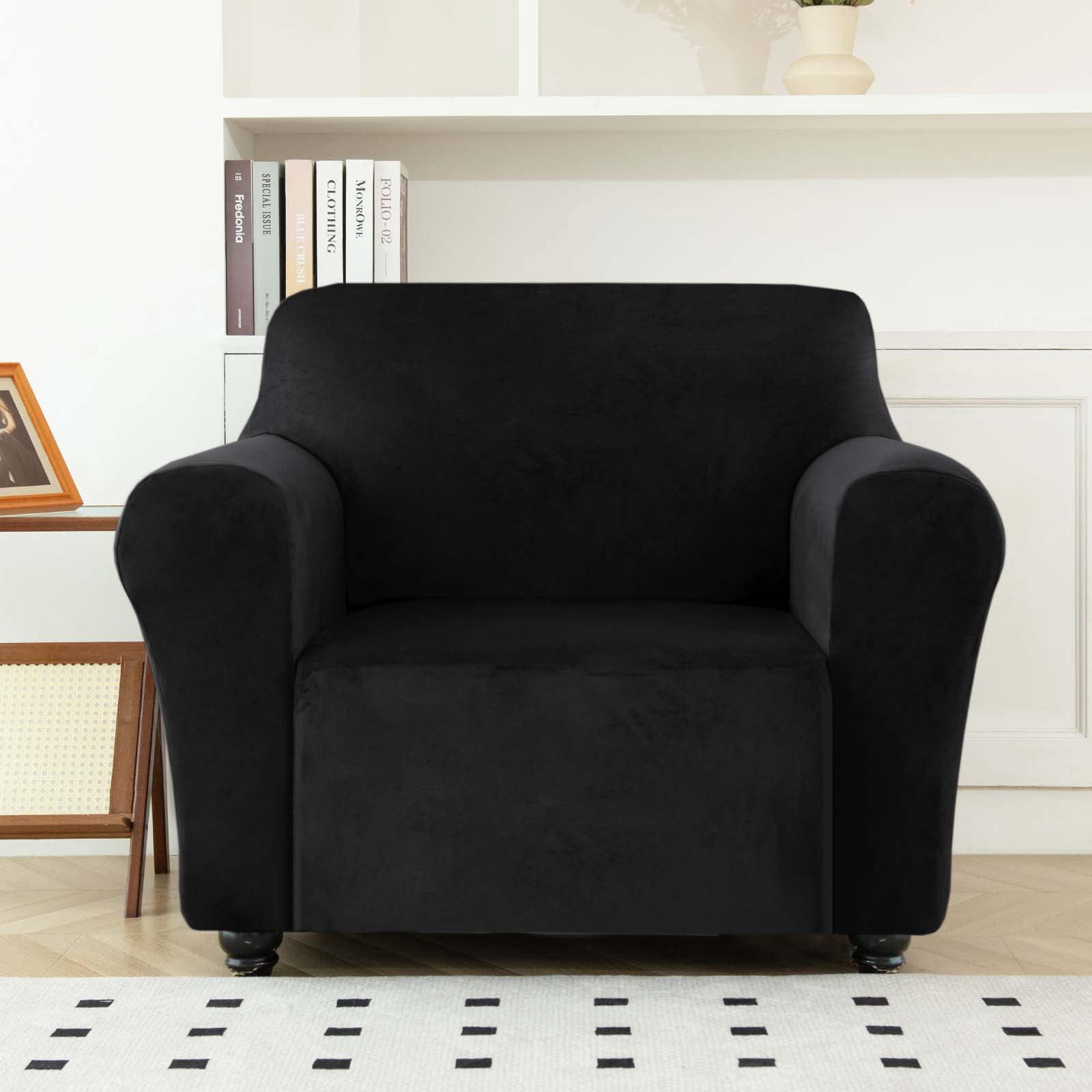 SANMADROLA 100% Waterproof Couch Covers Velvet Stretch Slipcover for 3 Cushion Sofa Cover Non Slip Leakproof Washable Furniture Protector for Kids Dogs Cats Pets, Black,Chair