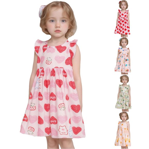 Kids Toddler Girls Dress Sweet Apple Fruit Print Flutter Sleeve Crew Neck A-Line Summer Dresses for Vacation Outing Casual Boho Sundress