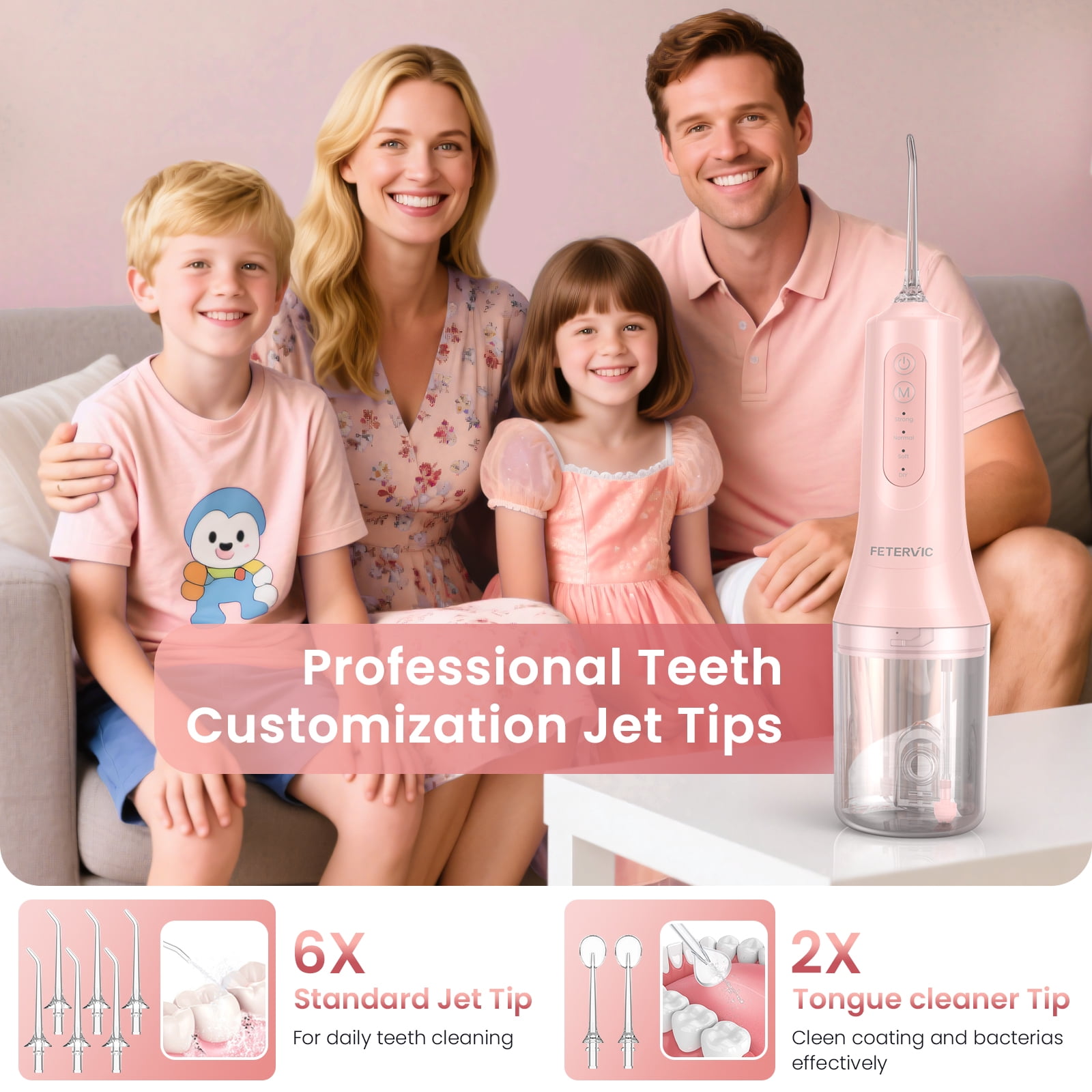 FETERVIC Water Dental Flosser for Teeth – Cordless Oral Irrigator, 8 Jet Tips, 4 Modes, 360° Nozzle, 260ML Rechargeable, IPX7 Waterproof for Home & Travel（Pink）