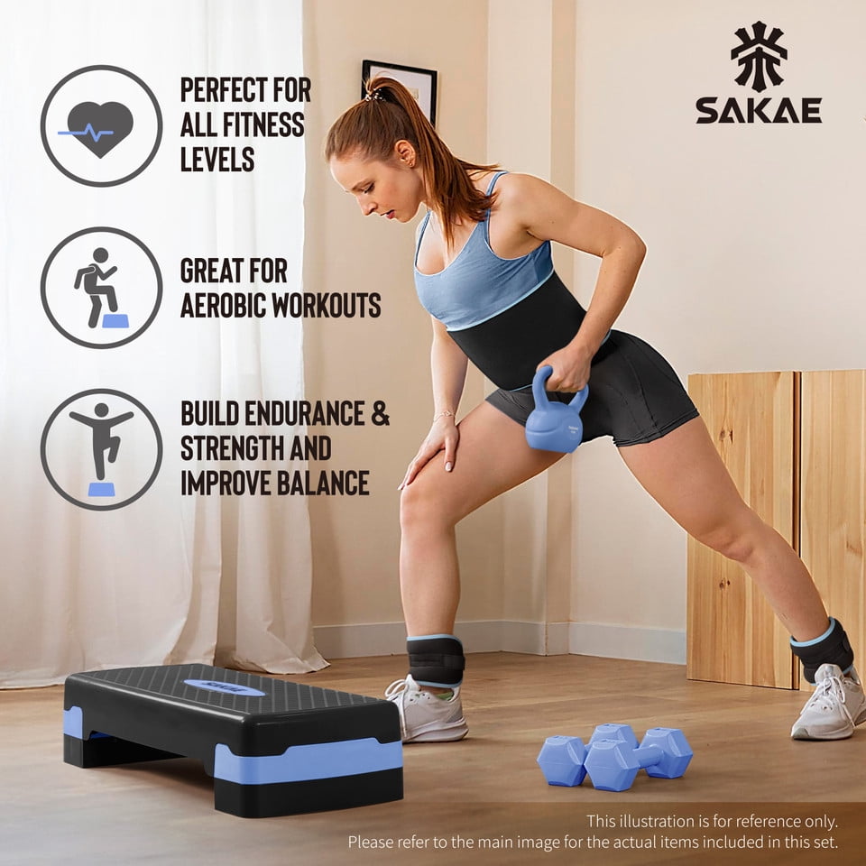 SAKAE Blue Step Aerobics Platform Set with Kettlebell & Measuring Tape, Aerobic Steppers for Exercise at Home, Adjustable Height 2 Level Risers Workout Step Trainer with Non-Slip Surface