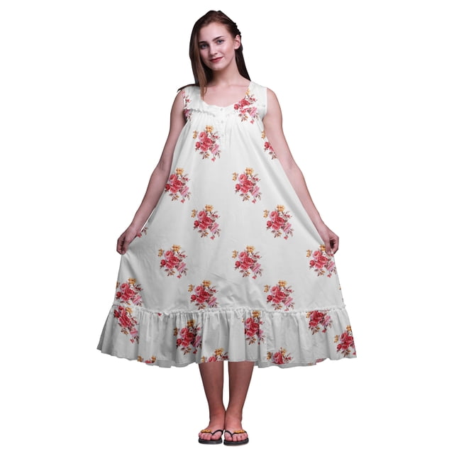 Bimba White21 Floral Leaves & Begonia Mi-Mollet Vêtement de Nuit Femme Coton Imprimé Sans Manches Robe de Nuit Maxi Robe XX-Grand