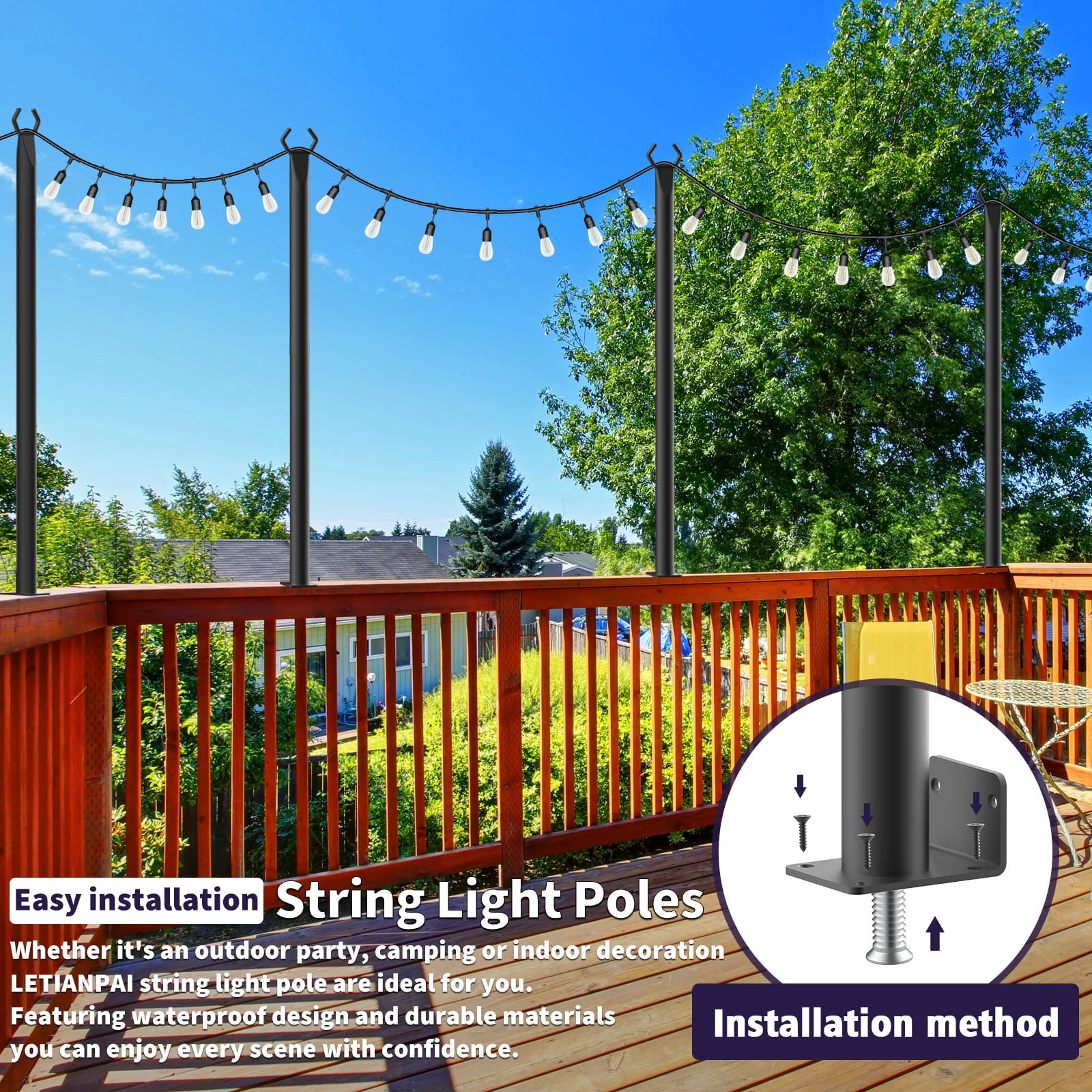 6Pack 5FT Heavy Duty Metal Outdoor String Light Poles with Stable Stand, Hanging Light Poles for Patio Backyard Garden Wedding Party Decor