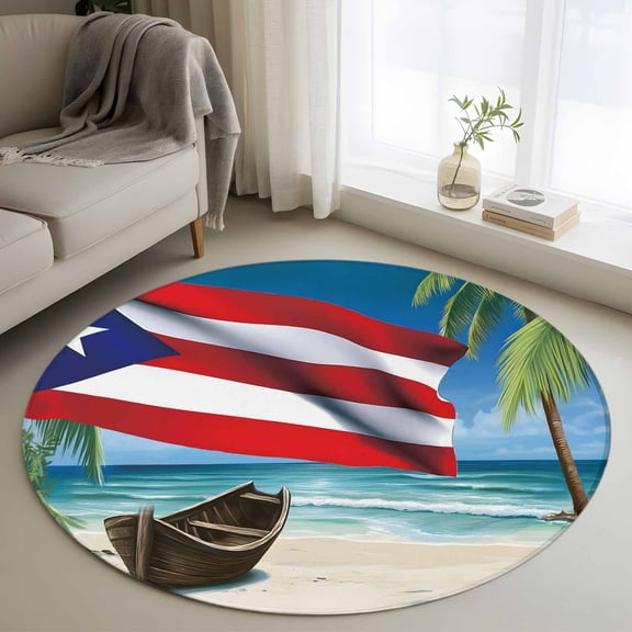 Puerto Rico Flag Sea Round Area Rug 4Ft Washable Circle Rugs for Bedroom Dining Room, Beach Palm Trees Boat Nautical Non-Slip Carpet Floor Mats Indoor Outdoor Carpet Runner Aesthetic Home Decor
